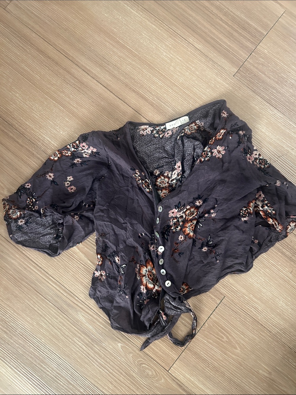 Socialite Dark Charcoal Floral Tie-Front Crop Top